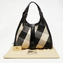 Pre Owned Burberry Black/Beige Mega Check Canvas and Leather Kensington Bag