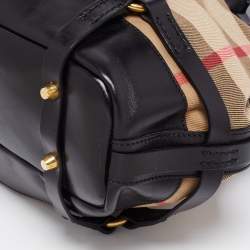 Pre Owned Burberry Black/Beige House Check Canvas and Leather Bridle Hobo