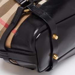 Pre Owned Burberry Black/Beige House Check Canvas and Leather Bridle Hobo