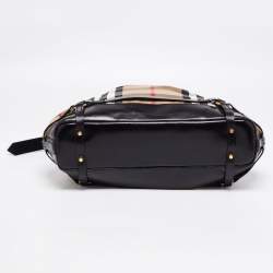 Pre Owned Burberry Black/Beige House Check Canvas and Leather Bridle Hobo