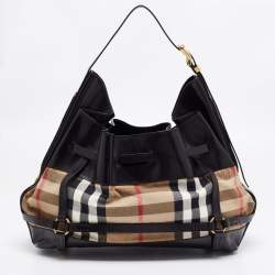 Pre Owned Burberry Black/Beige House Check Canvas and Leather Bridle Hobo