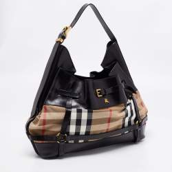 Pre Owned Burberry Black/Beige House Check Canvas and Leather Bridle Hobo