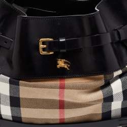 Pre Owned Burberry Black/Beige House Check Canvas and Leather Bridle Hobo