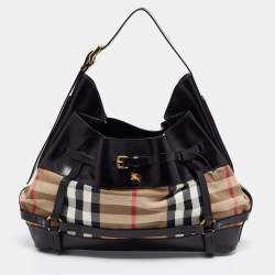 Pre Owned Burberry Black/Beige House Check Canvas and Leather Bridle Hobo