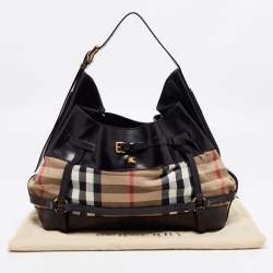 Pre Owned Burberry Black/Beige House Check Canvas and Leather Bridle Hobo