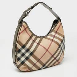 Pre Owned Burberry Metallic/Beige Nova Check Coated Canvas and Leather Barton Hobo