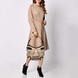Pre Owned Burberry Beige/Brown Haymarket Check Coated Canvas and Leather Hobo