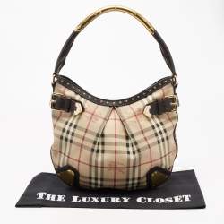 Pre Owned Burberry Beige/Brown Haymarket Check Coated Canvas and Leather Hobo