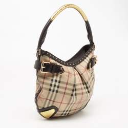 Pre Owned Burberry Beige/Brown Haymarket Check Coated Canvas and Leather Hobo