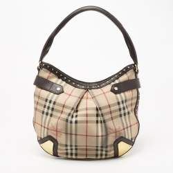Pre Owned Burberry Beige/Brown Haymarket Check Coated Canvas and Leather Hobo