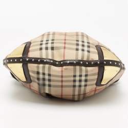 Pre Owned Burberry Beige/Brown Haymarket Check Coated Canvas and Leather Hobo