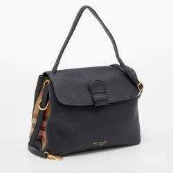 Burberry Black Leather and House Check Canvas Camberley Top Handle Bag