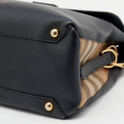 Burberry Black Leather and House Check Canvas Camberley Top Handle Bag