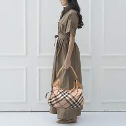 Pre Owned Burberry Beige Embossed Nova Check Coated Canvas Brooklyn Hobo