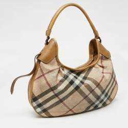 Pre Owned Burberry Beige Embossed Nova Check Coated Canvas Brooklyn Hobo