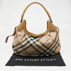Pre Owned Burberry Beige Embossed Nova Check Coated Canvas Brooklyn Hobo