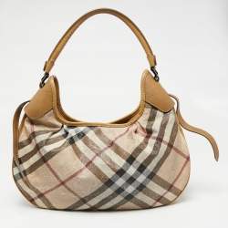 Pre Owned Burberry Beige Embossed Nova Check Coated Canvas Brooklyn Hobo
