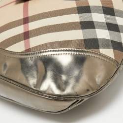 Pre Owned Burberry Metallic/Beige Nova Check PVC and Glossy Leather Brooke Hobo