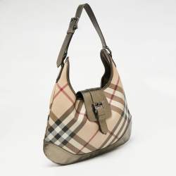 Pre Owned Burberry Metallic/Beige Nova Check PVC and Glossy Leather Brooke Hobo