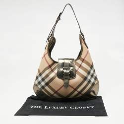 Pre Owned Burberry Metallic/Beige Nova Check PVC and Glossy Leather Brooke Hobo