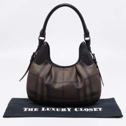 Pre Owned Burberry Brown/Black Nova Check PVC and Leather Small Brooklyn Hobo