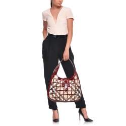 Pre Owned Burberry Beige/Red Nova Check Patent Leather And PVC Warrior Brooke Hobo