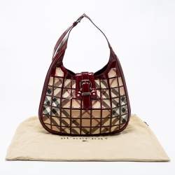Pre Owned Burberry Beige/Red Nova Check Patent Leather And PVC Warrior Brooke Hobo