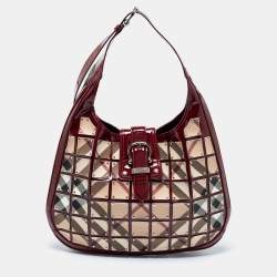 Pre Owned Burberry Beige/Red Nova Check Patent Leather And PVC Warrior Brooke Hobo