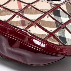 Pre Owned Burberry Beige/Red Nova Check Patent Leather And PVC Warrior Brooke Hobo