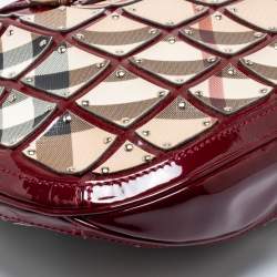 Pre Owned Burberry Beige/Red Nova Check Patent Leather And PVC Warrior Brooke Hobo