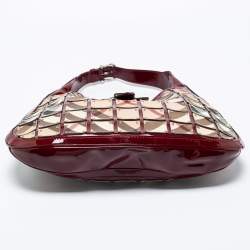 Pre Owned Burberry Beige/Red Nova Check Patent Leather And PVC Warrior Brooke Hobo