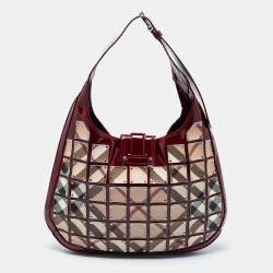 Pre Owned Burberry Beige/Red Nova Check Patent Leather And PVC Warrior Brooke Hobo
