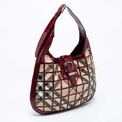 Pre Owned Burberry Beige/Red Nova Check Patent Leather And PVC Warrior Brooke Hobo