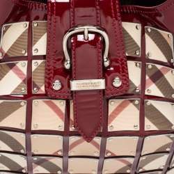 Pre Owned Burberry Beige/Red Nova Check Patent Leather And PVC Warrior Brooke Hobo
