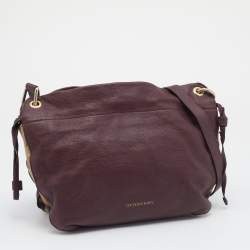مملوكة مسبقًا Burberry Burgundy/Beige Leather and House Check Canvas Small Bingley Bucket Bag