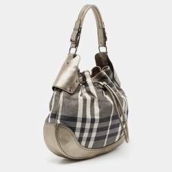 Pre Owned Burberry Grey/Gun Metal Leather and House Check Fabric Drawstring Hobo