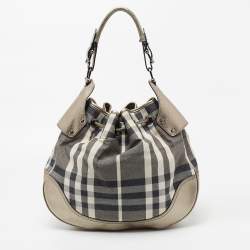 Pre Owned Burberry Grey/Gun Metal Leather and House Check Fabric Drawstring Hobo