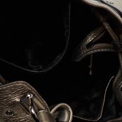 Pre Owned Burberry Grey/Gun Metal Leather and House Check Fabric Drawstring Hobo