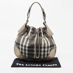 Pre Owned Burberry Grey/Gun Metal Leather and House Check Fabric Drawstring Hobo