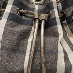 Pre Owned Burberry Grey/Gun Metal Leather and House Check Fabric Drawstring Hobo