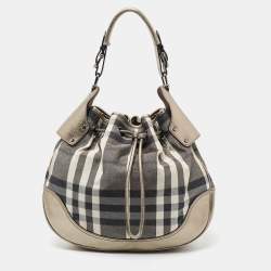 Pre Owned Burberry Grey/Gun Metal Leather and House Check Fabric Drawstring Hobo
