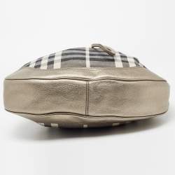 Pre Owned Burberry Grey/Gun Metal Leather and House Check Fabric Drawstring Hobo