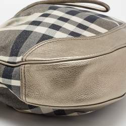 Pre Owned Burberry Grey/Gun Metal Leather and House Check Fabric Drawstring Hobo