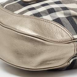 Pre Owned Burberry Grey/Gun Metal Leather and House Check Fabric Drawstring Hobo