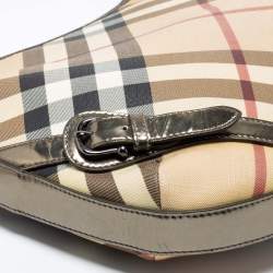 Pre Owned Burberry Green/Beige Nova Check PVC and Patent Leather Buckle Hobo