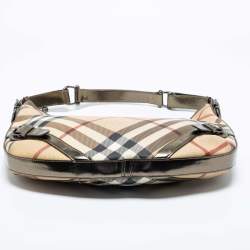 Pre Owned Burberry Green/Beige Nova Check PVC and Patent Leather Buckle Hobo