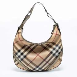 Pre Owned Burberry Green/Beige Nova Check PVC and Patent Leather Buckle Hobo