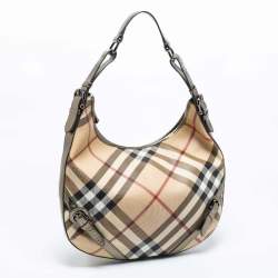 Pre Owned Burberry Green/Beige Nova Check PVC and Patent Leather Buckle Hobo