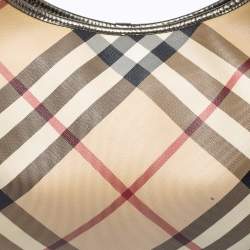 Pre Owned Burberry Green/Beige Nova Check PVC and Patent Leather Buckle Hobo