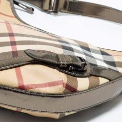 Pre Owned Burberry Green/Beige Nova Check PVC and Patent Leather Buckle Hobo